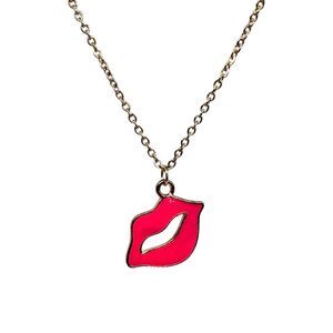 Indio Jewelry Gold Plated Enamel Hot Pink Lips Necklace Item #7042